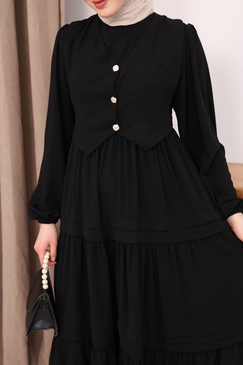 7156 Elegant Katlı Elbise - Siyah 
