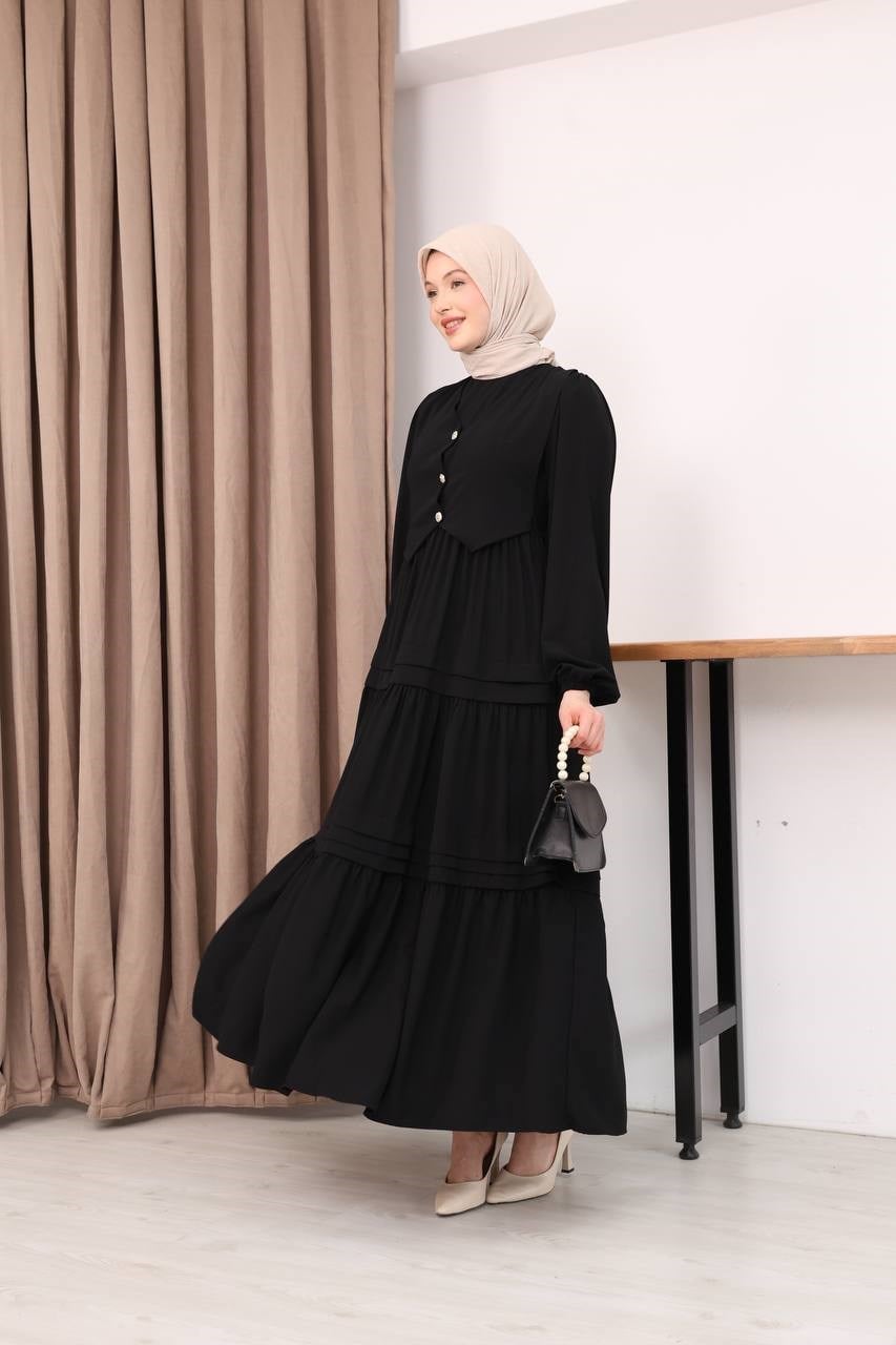 7156 Elegant Katlı Elbise - Siyah 