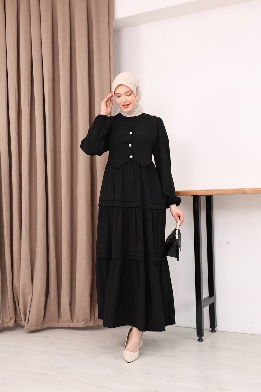 7156 Elegant Katlı Elbise - Siyah 