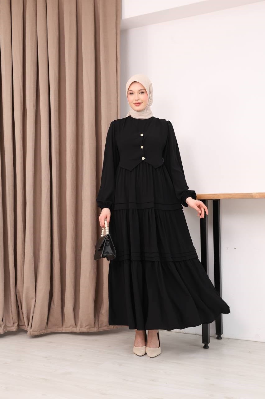7156 Elegant Katlı Elbise - Siyah 