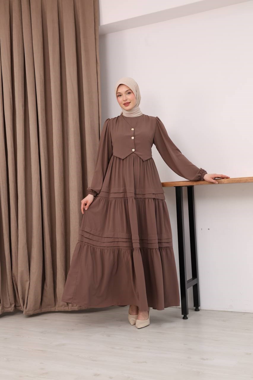 7156 Elegant Katlı Elbise - Sütlü kahve 