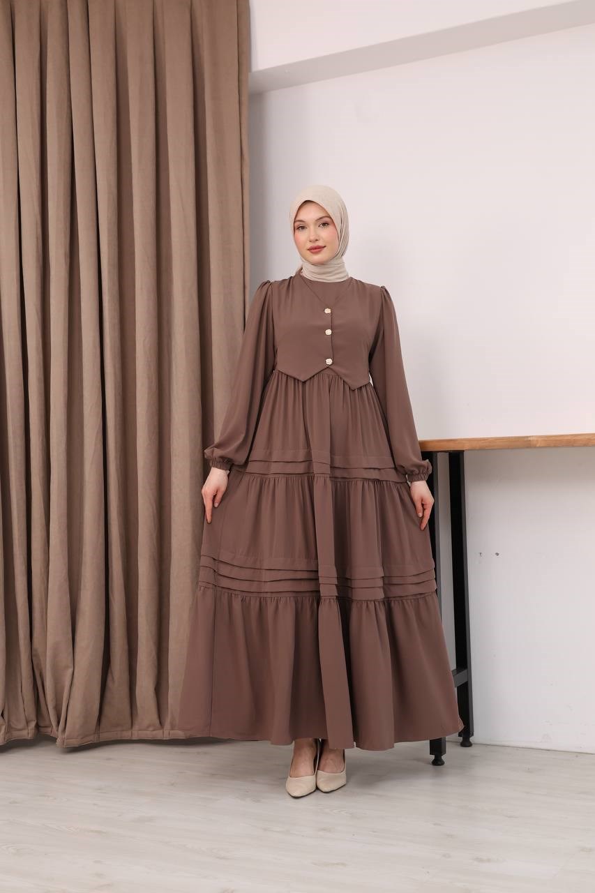 7156 Elegant Katlı Elbise - Sütlü kahve 