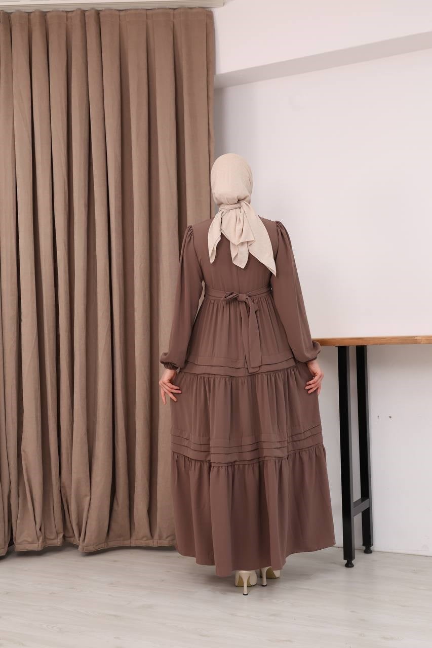 7156 Elegant Katlı Elbise - Sütlü kahve 