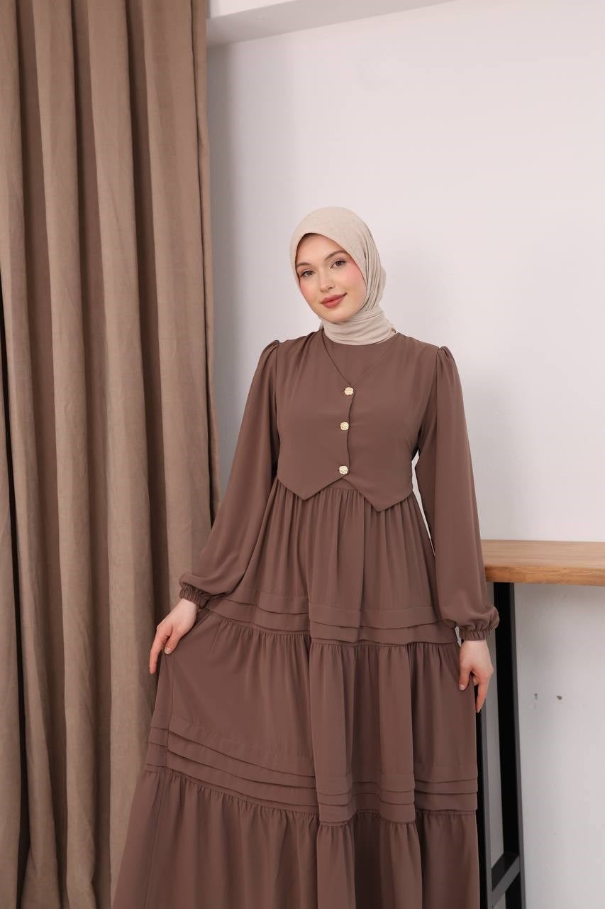 7156 Elegant Katlı Elbise - Sütlü kahve 