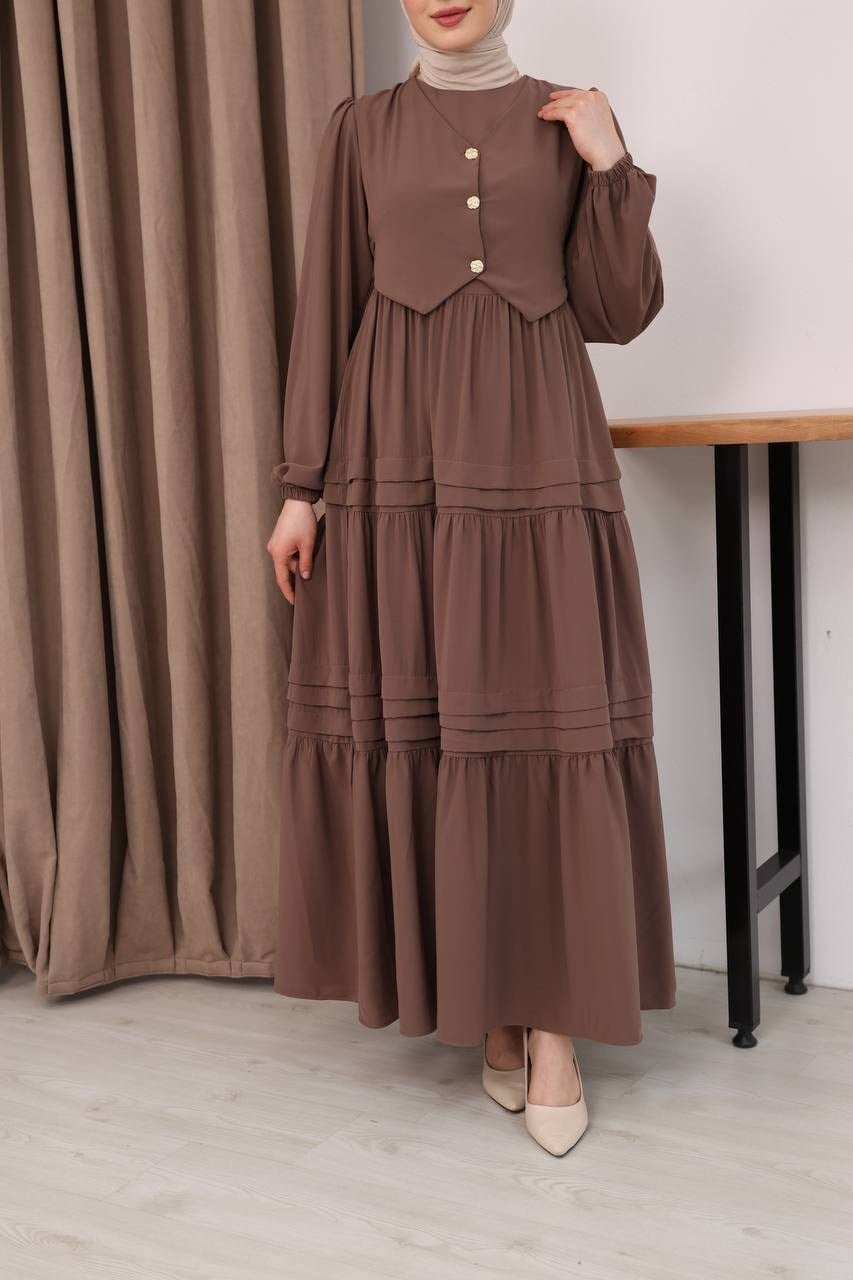 7156 Elegant Katlı Elbise - Sütlü kahve 