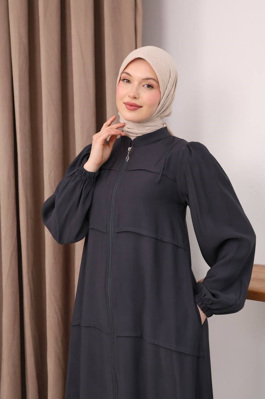 7158 Modern İnce Çizgi Ferace - Koyu Gri 