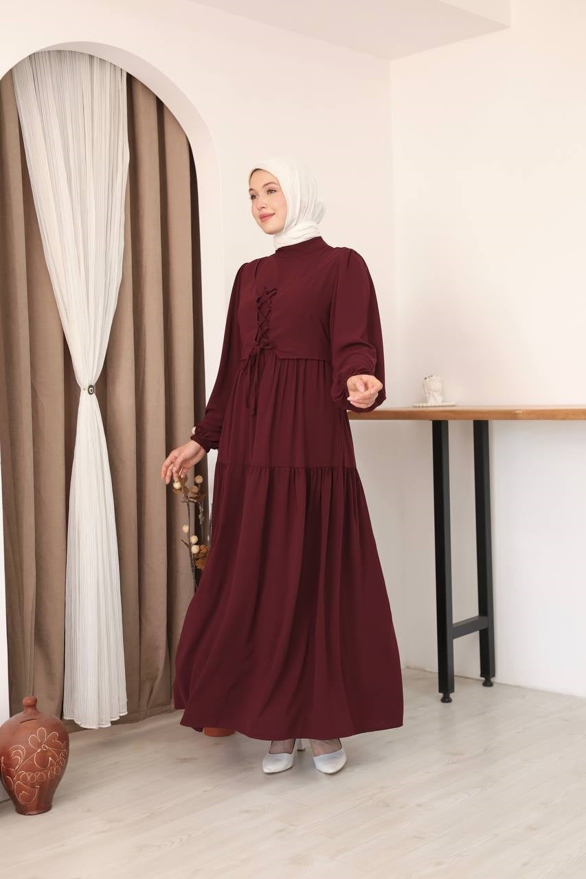 7166 Şık Bağcık Detaylı Elbise - Bordo