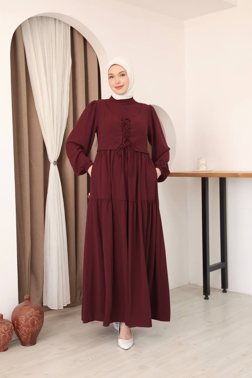 7166 Şık Bağcık Detaylı Elbise - Bordo