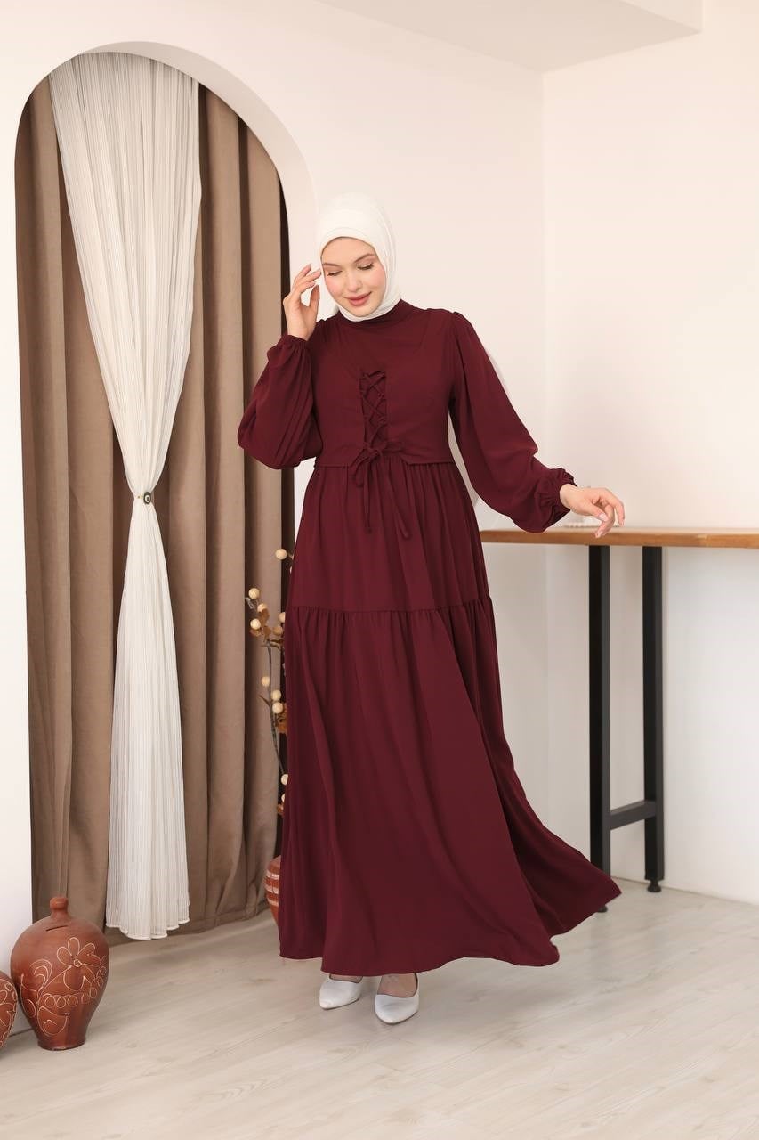 7166 Şık Bağcık Detaylı Elbise - Bordo