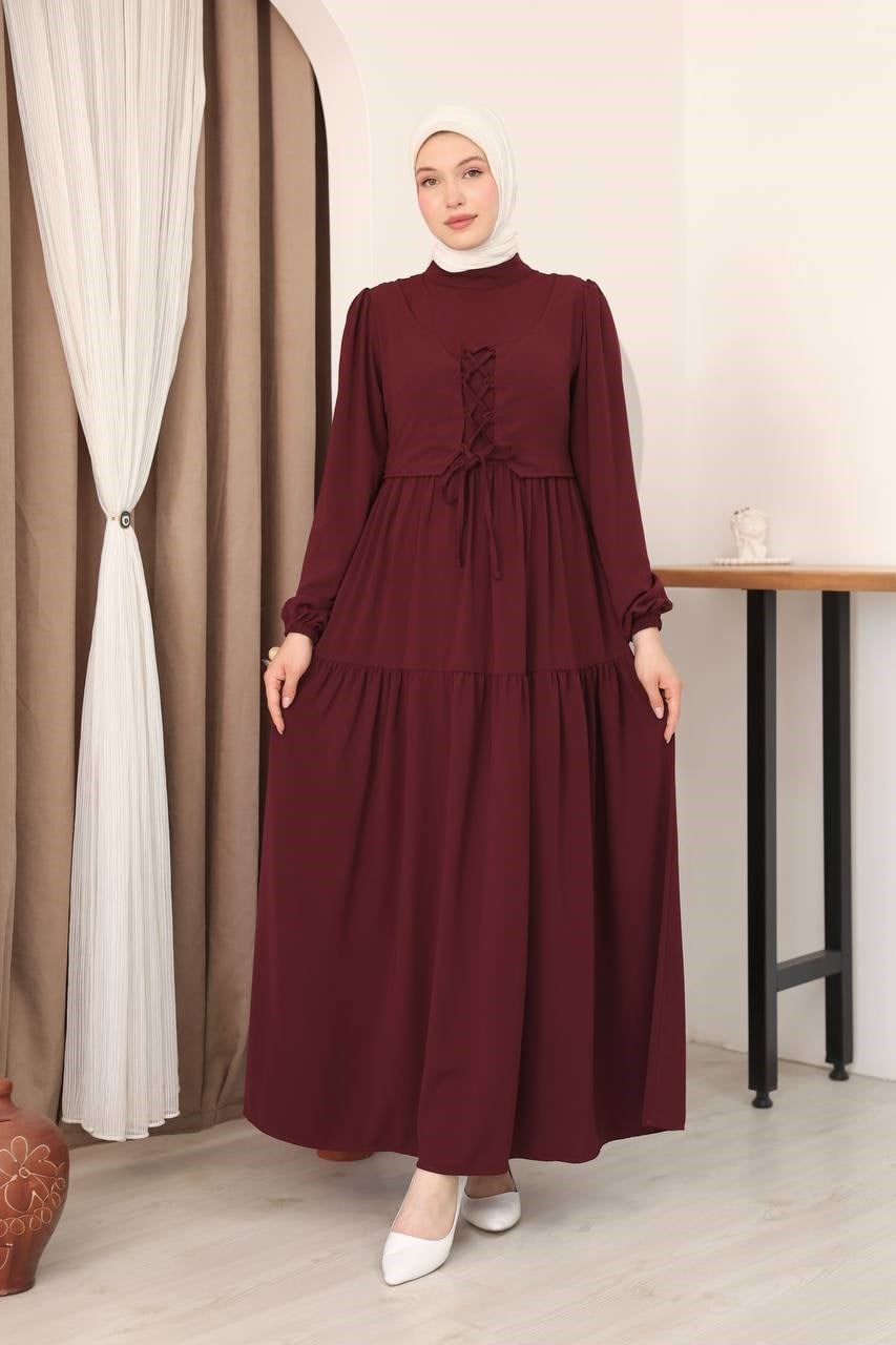 7166 Şık Bağcık Detaylı Elbise - Bordo