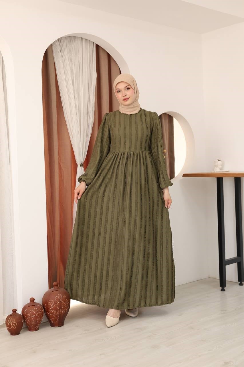 7167 Modern Deri Kemerli Elbise - Haki
