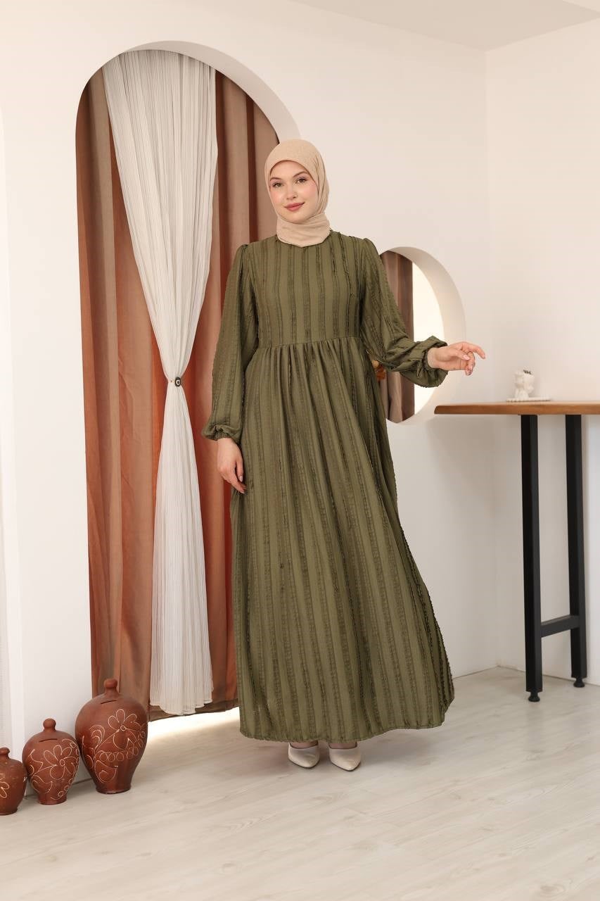 7167 Modern Deri Kemerli Elbise - Haki