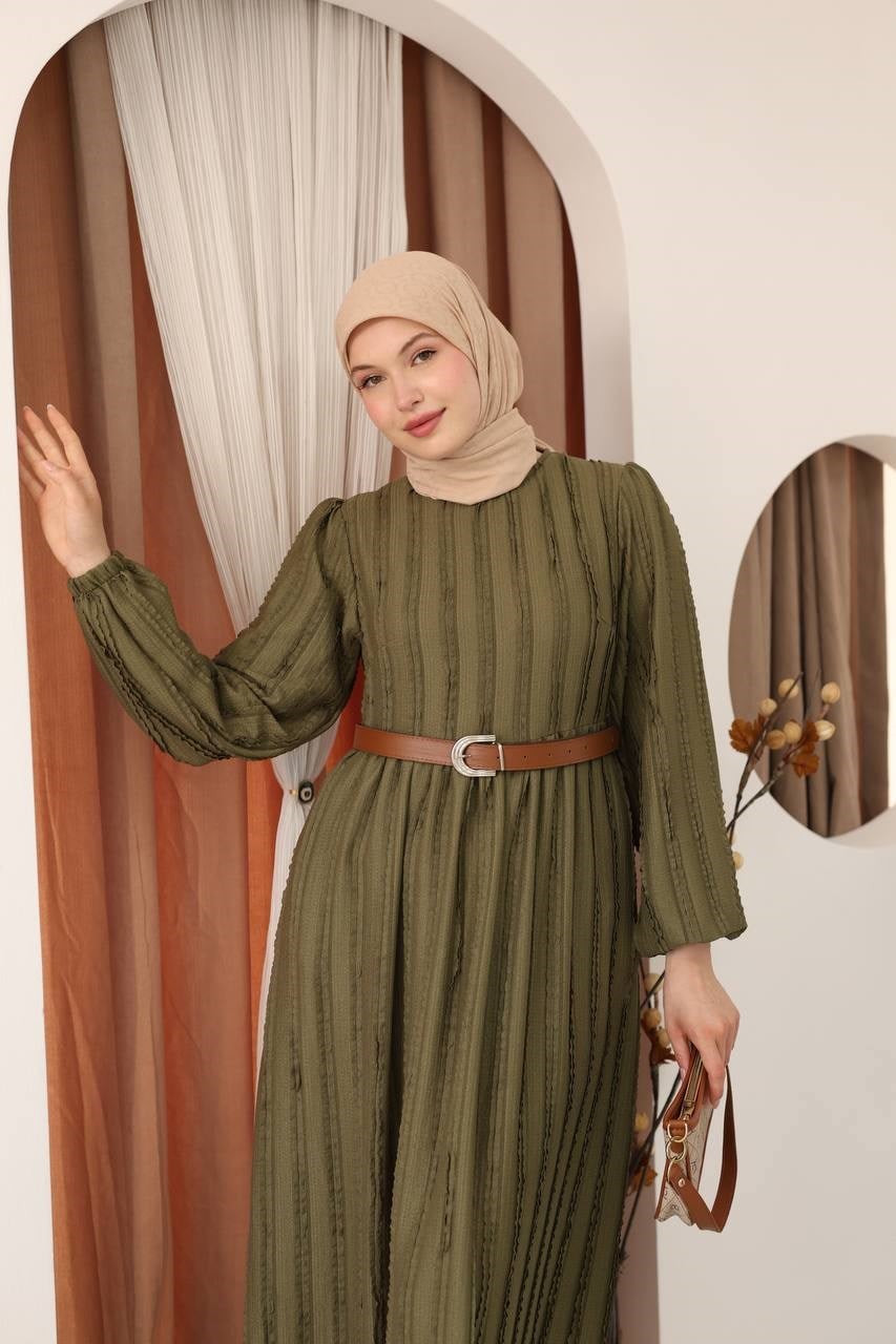 7167 Modern Deri Kemerli Elbise - Haki