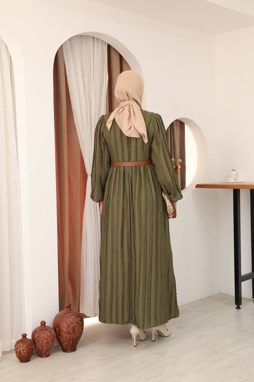 7167 Modern Deri Kemerli Elbise - Haki
