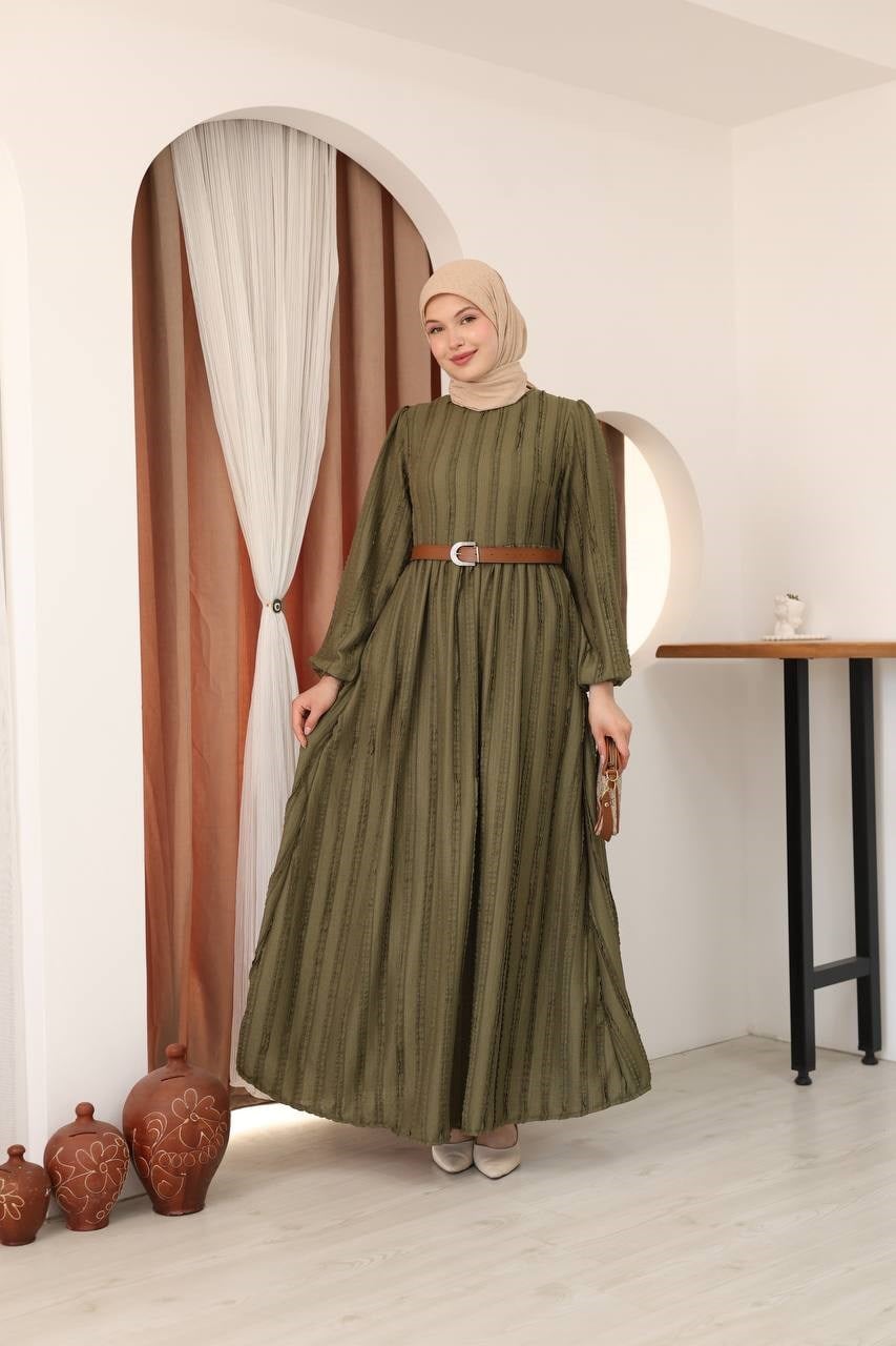 7167 Modern Deri Kemerli Elbise - Haki