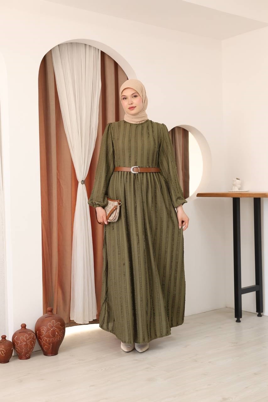 7167 Modern Deri Kemerli Elbise - Haki
