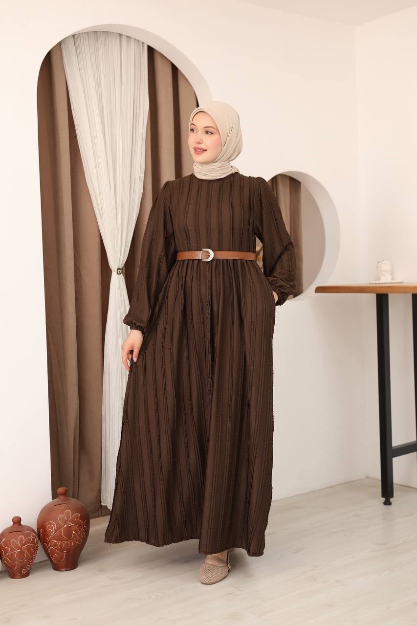 7167 Modern Deri Kemerli Elbise - Kahverengi