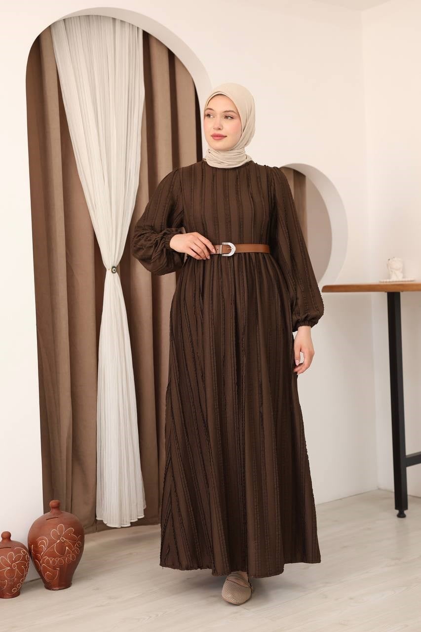 7167 Modern Deri Kemerli Elbise - Kahverengi
