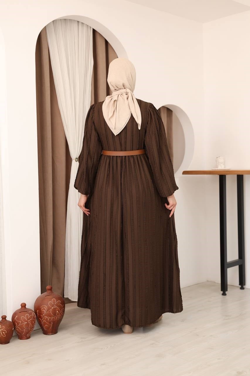 7167 Modern Deri Kemerli Elbise - Kahverengi