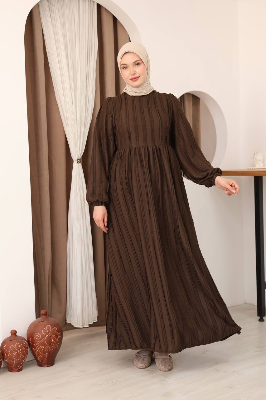 7167 Modern Deri Kemerli Elbise - Kahverengi