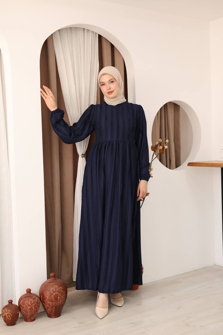 7167 Modern Deri Kemerli Elbise - Lacivert