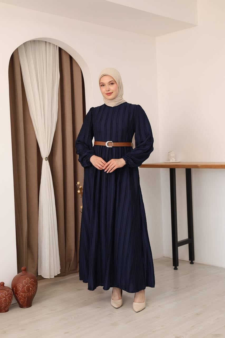 7167 Modern Deri Kemerli Elbise - Lacivert