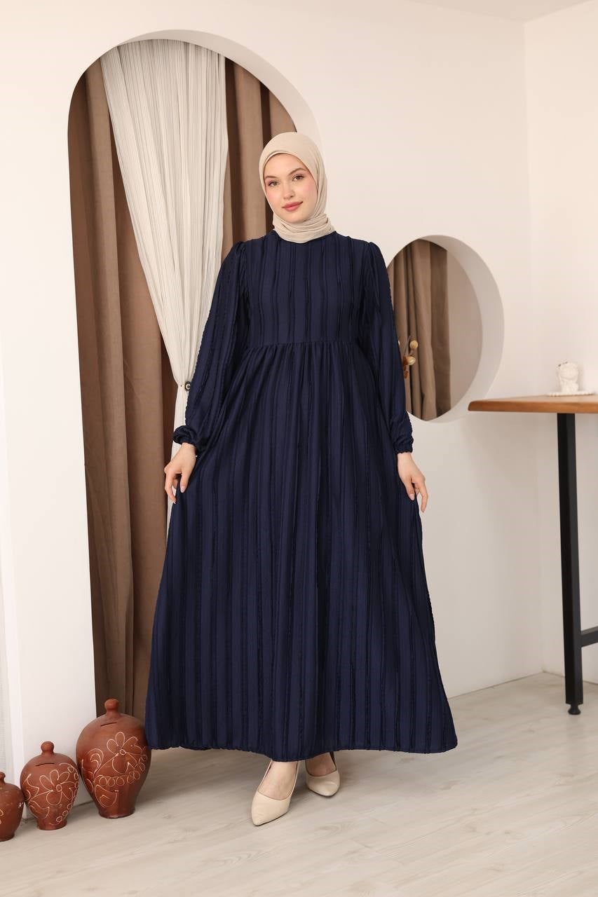 7167 Modern Deri Kemerli Elbise - Lacivert