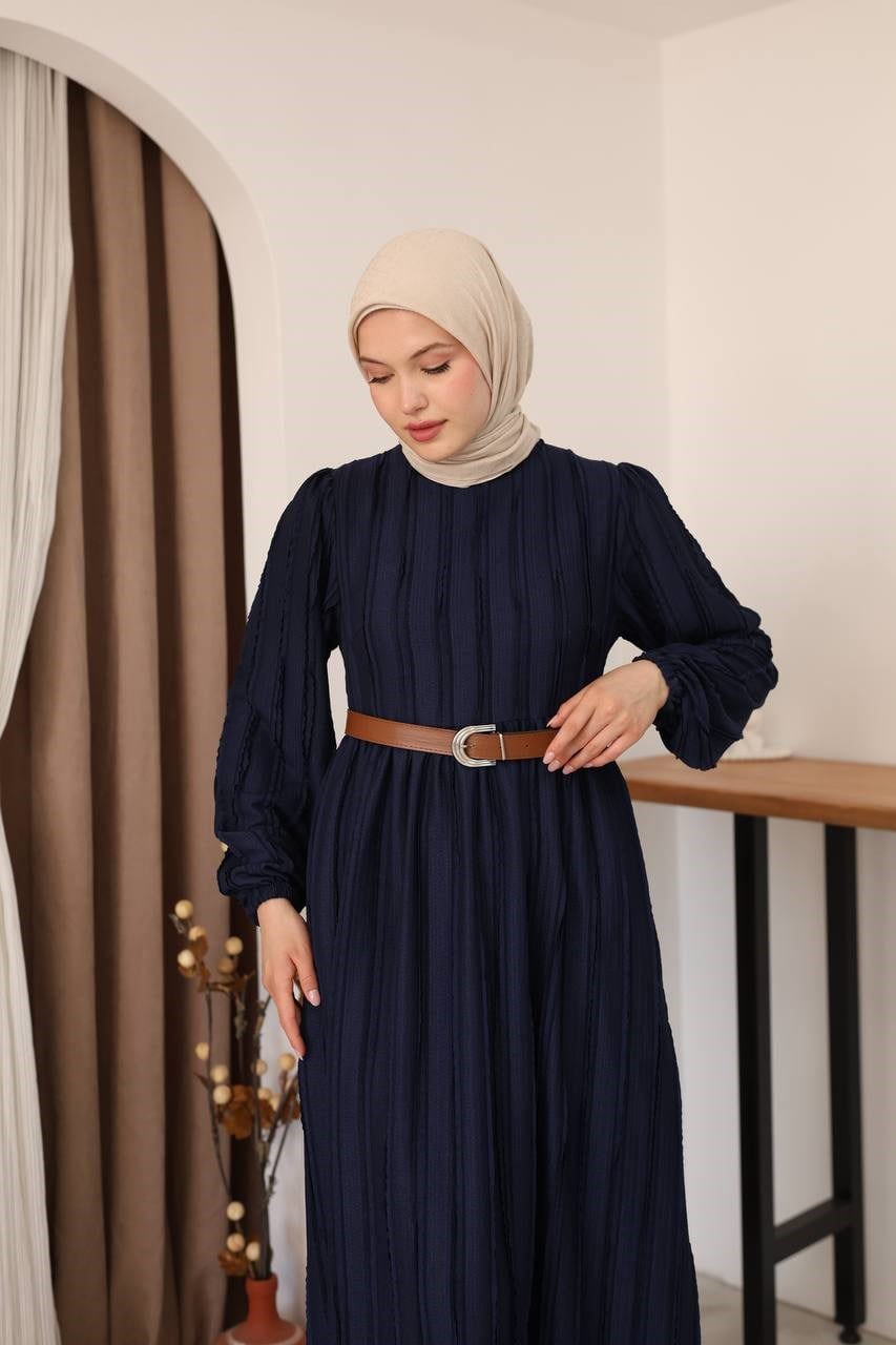 7167 Modern Deri Kemerli Elbise - Lacivert