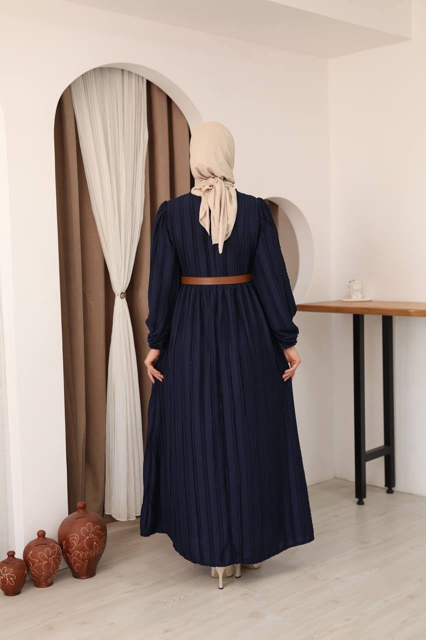 7167 Modern Deri Kemerli Elbise - Lacivert