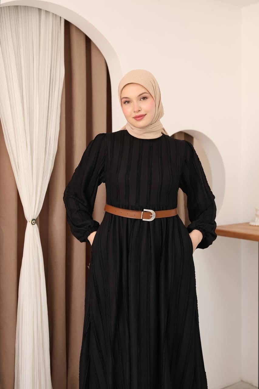 7167 Modern Deri Kemerli Elbise - Siyah
