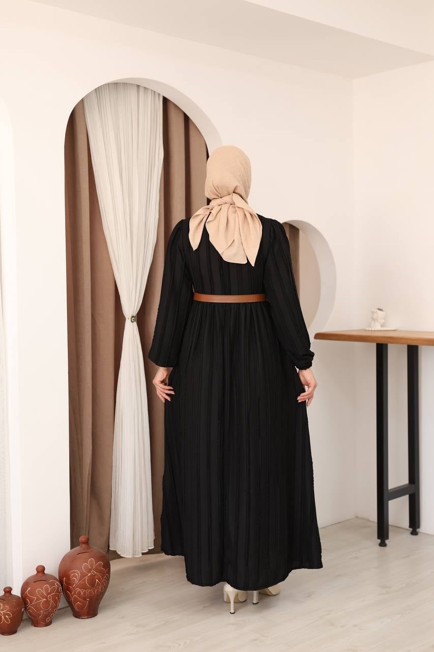 7167 Modern Deri Kemerli Elbise - Siyah