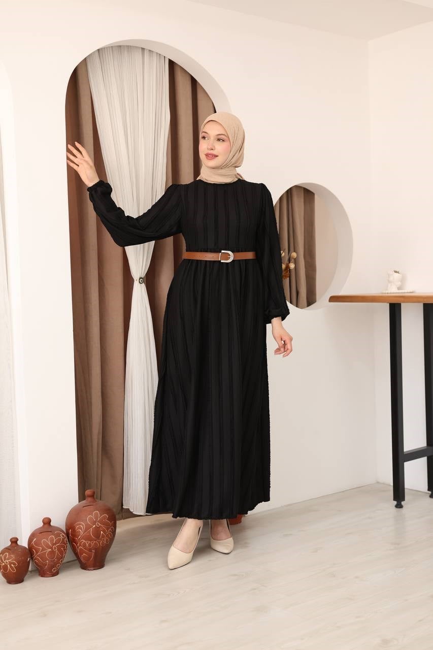 7167 Modern Deri Kemerli Elbise - Siyah