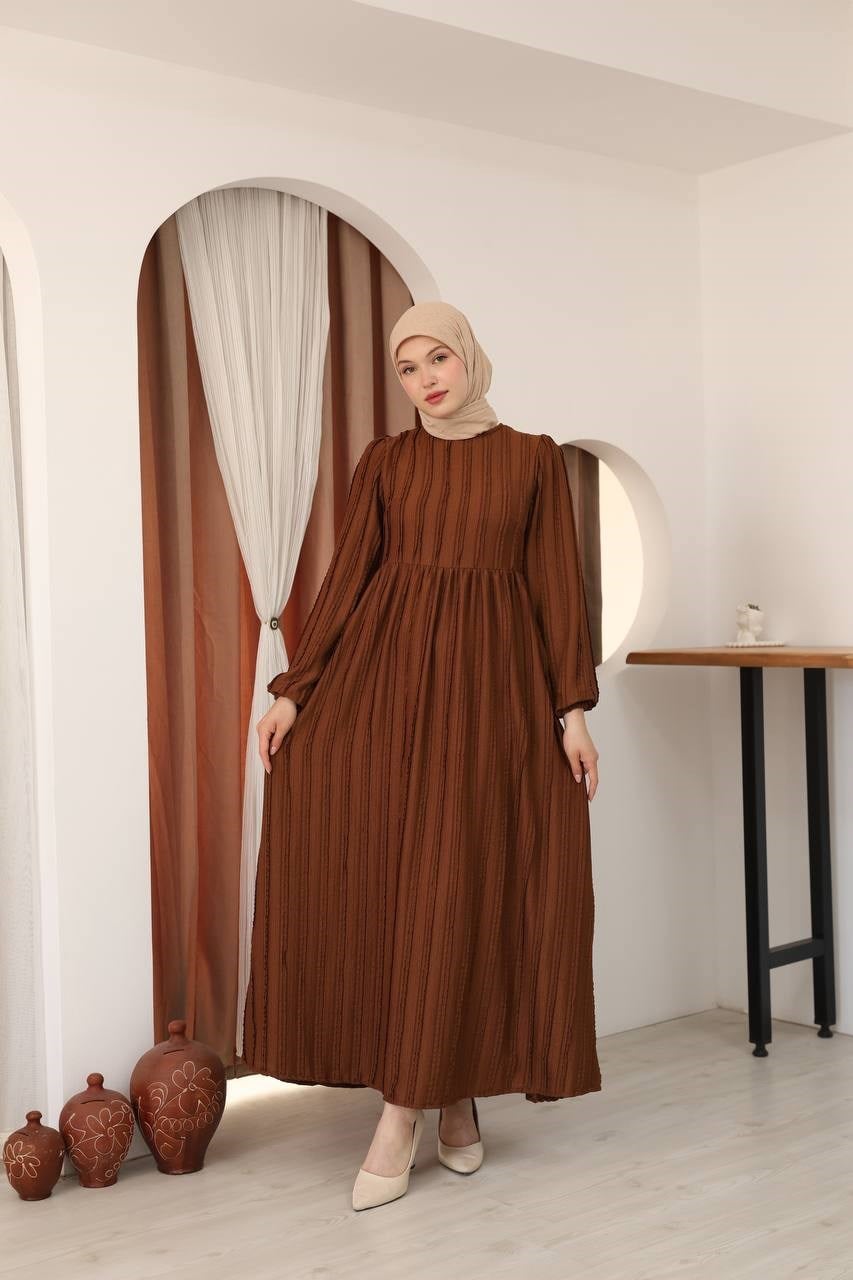 7167 Modern Deri Kemerli Elbise - Taba