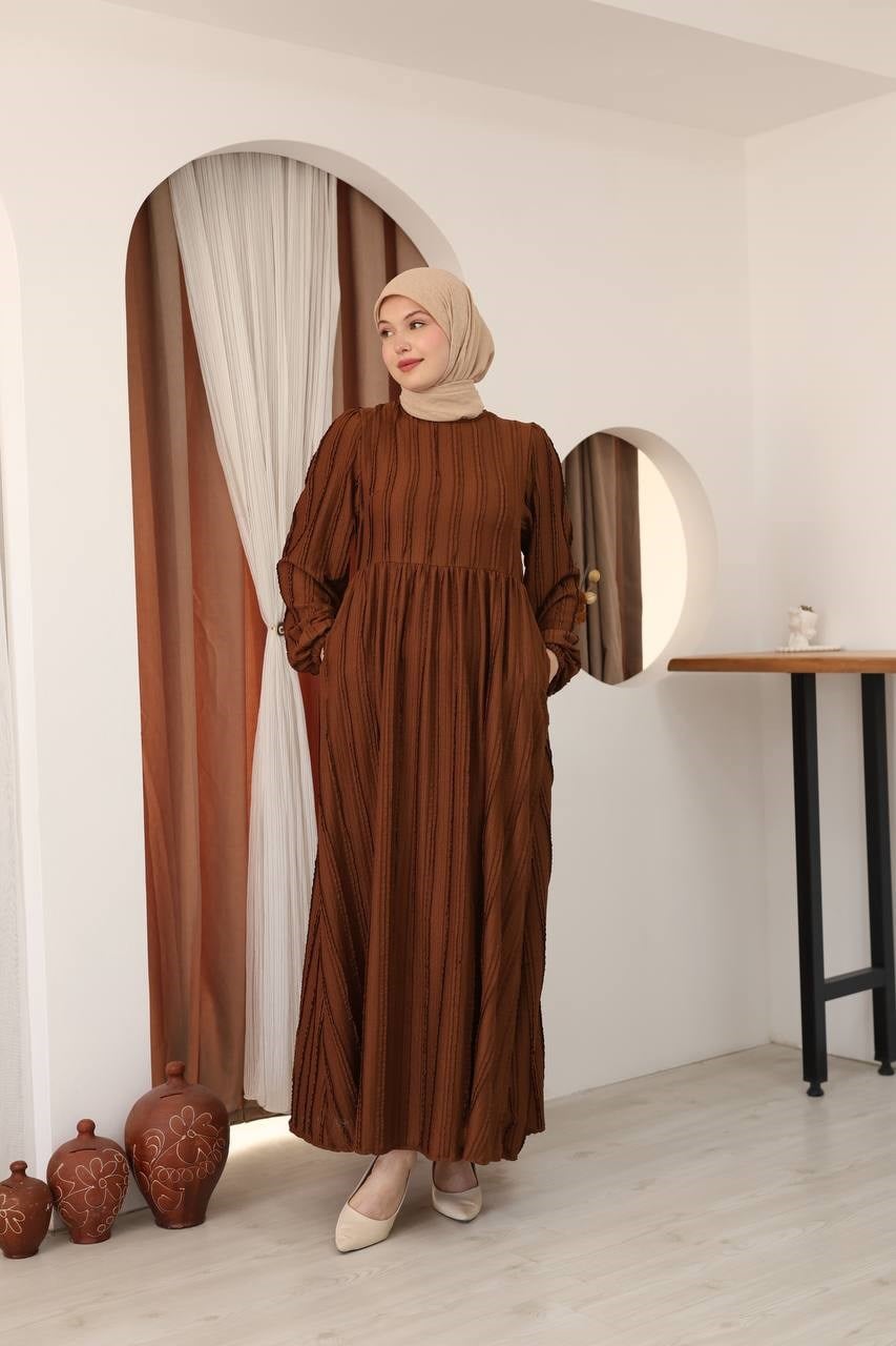 7167 Modern Deri Kemerli Elbise - Taba