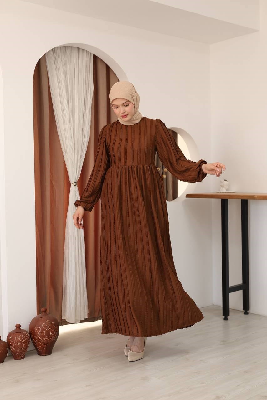 7167 Modern Deri Kemerli Elbise - Taba