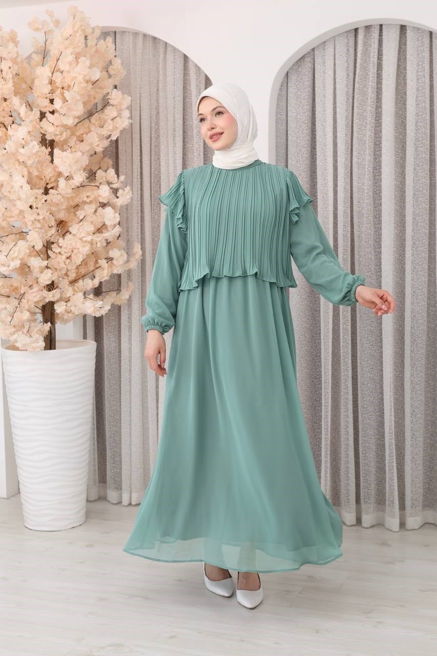 7169 Şifon Fırfır Detaylı Elbise - Mint