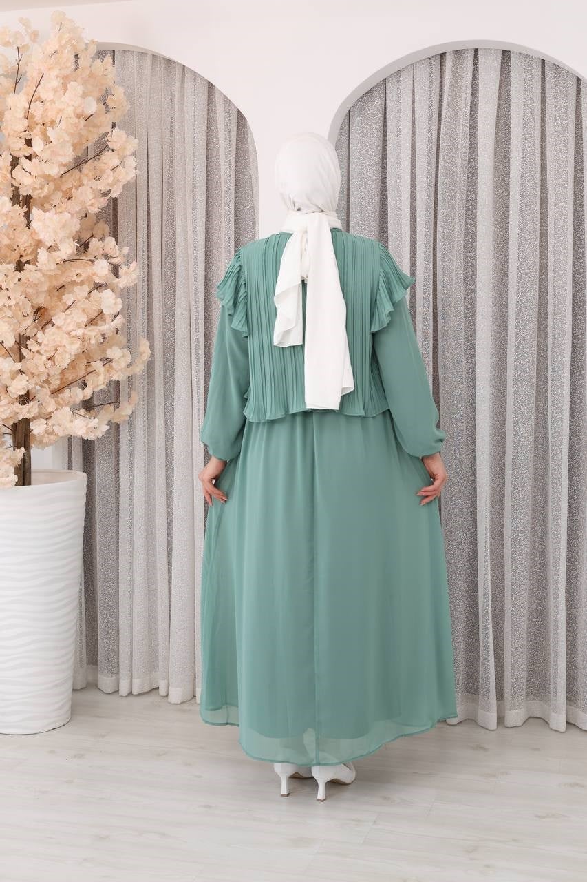 7169 Şifon Fırfır Detaylı Elbise - Mint