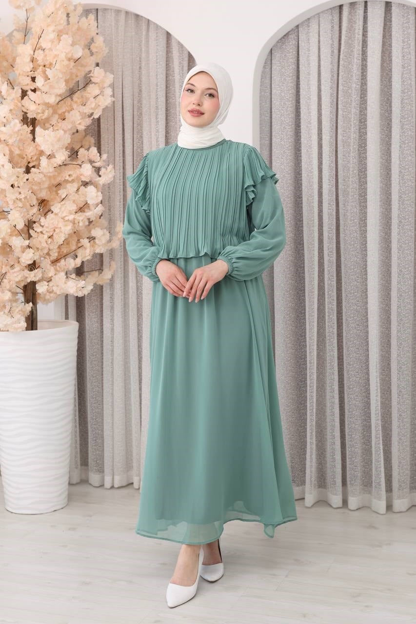 7169 Şifon Fırfır Detaylı Elbise - Mint
