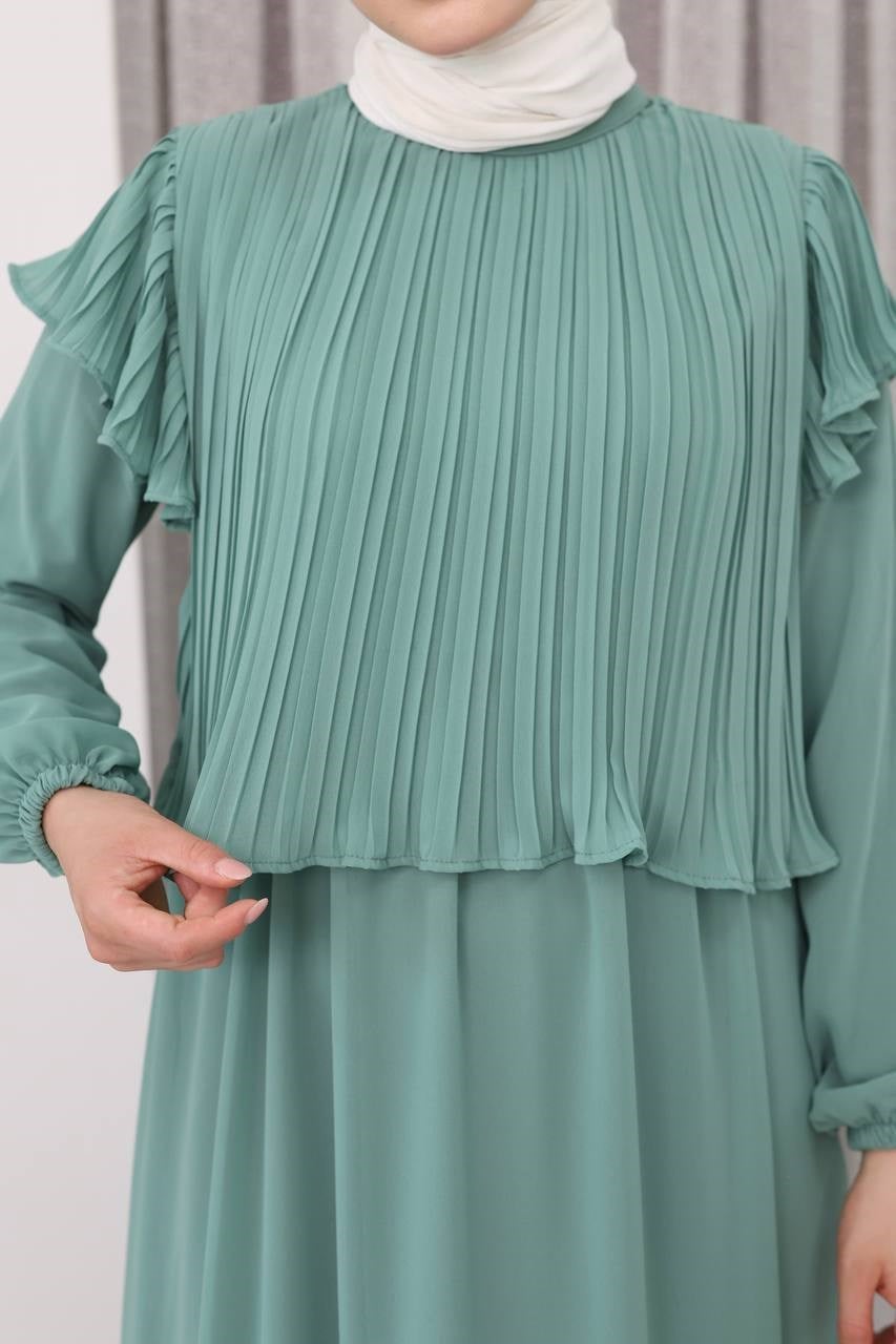 7169 Şifon Fırfır Detaylı Elbise - Mint