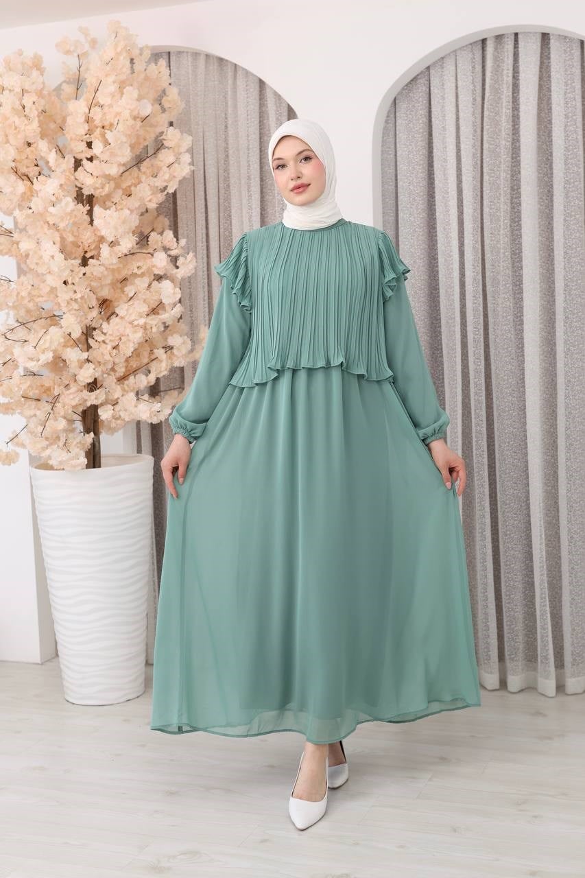7169 Şifon Fırfır Detaylı Elbise - Mint
