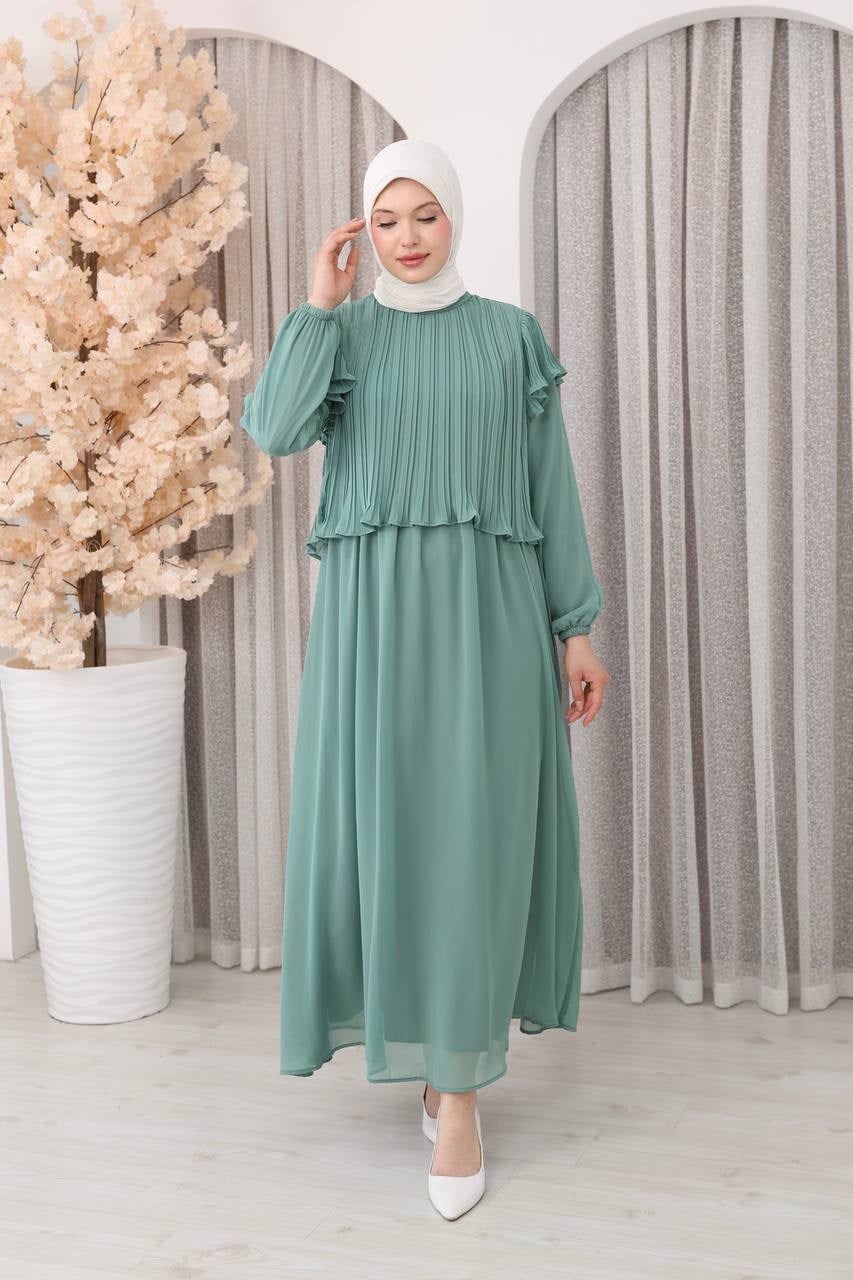 7169 Şifon Fırfır Detaylı Elbise - Mint
