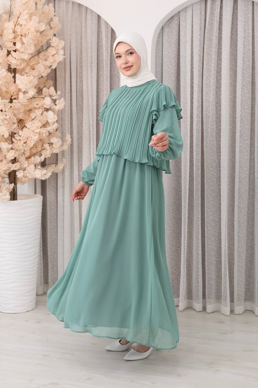 7169 Şifon Fırfır Detaylı Elbise - Mint