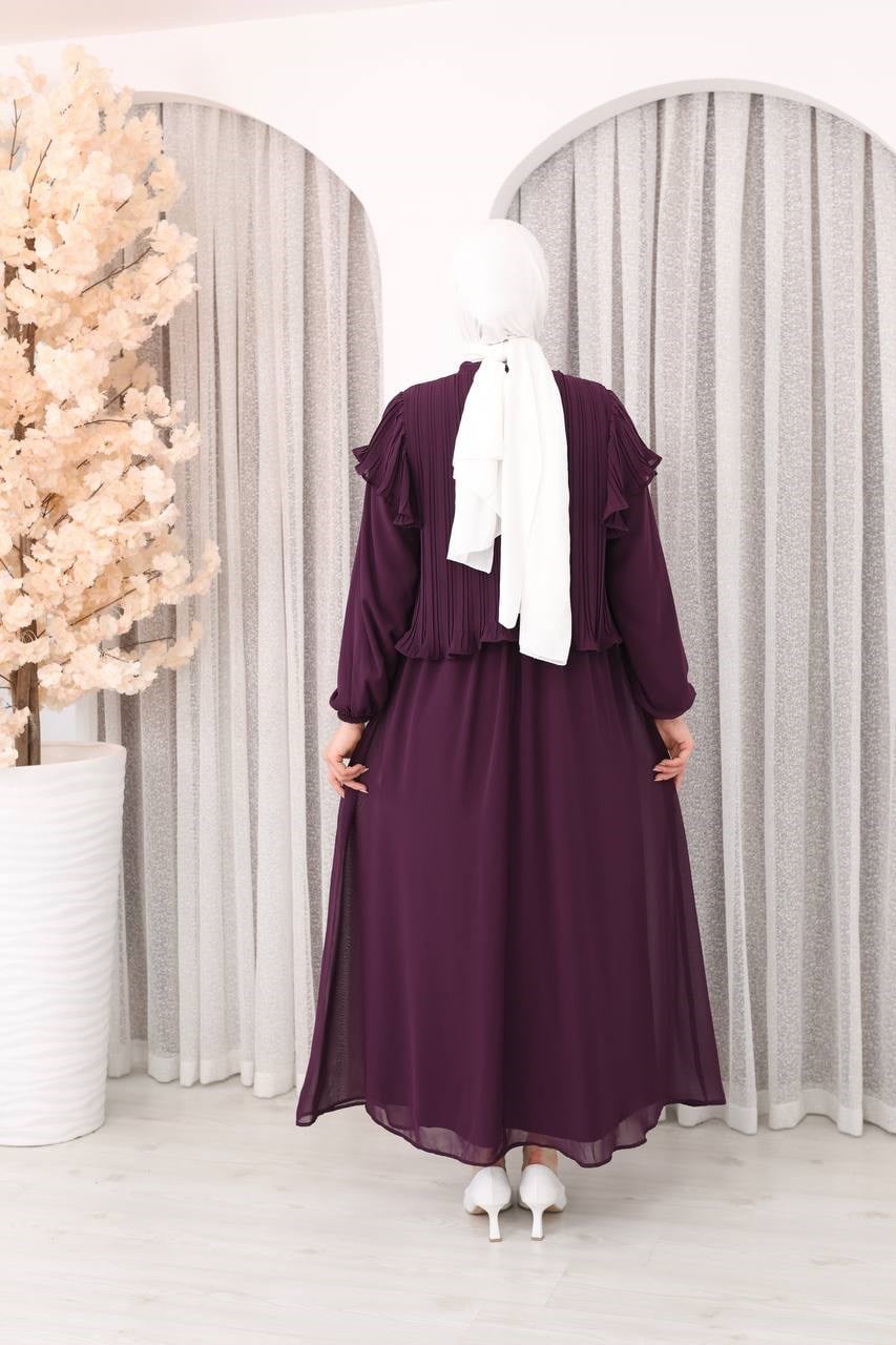 7169 Şifon Fırfır Detaylı Elbise - Mürdüm 