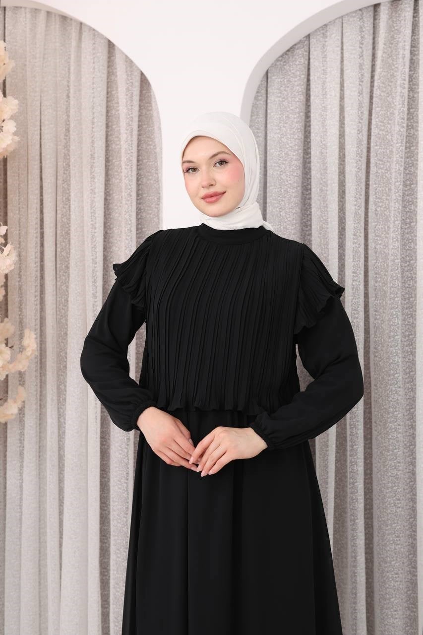 7169 Şifon Fırfır Detaylı Elbise - Siyah 