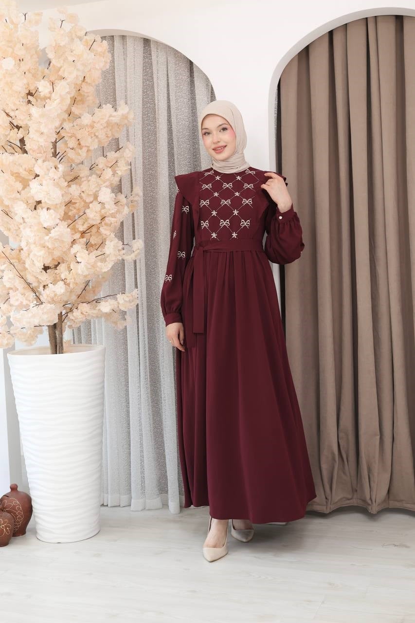 7171 Fiyonk Nakışlı Elbise - Bordo 
