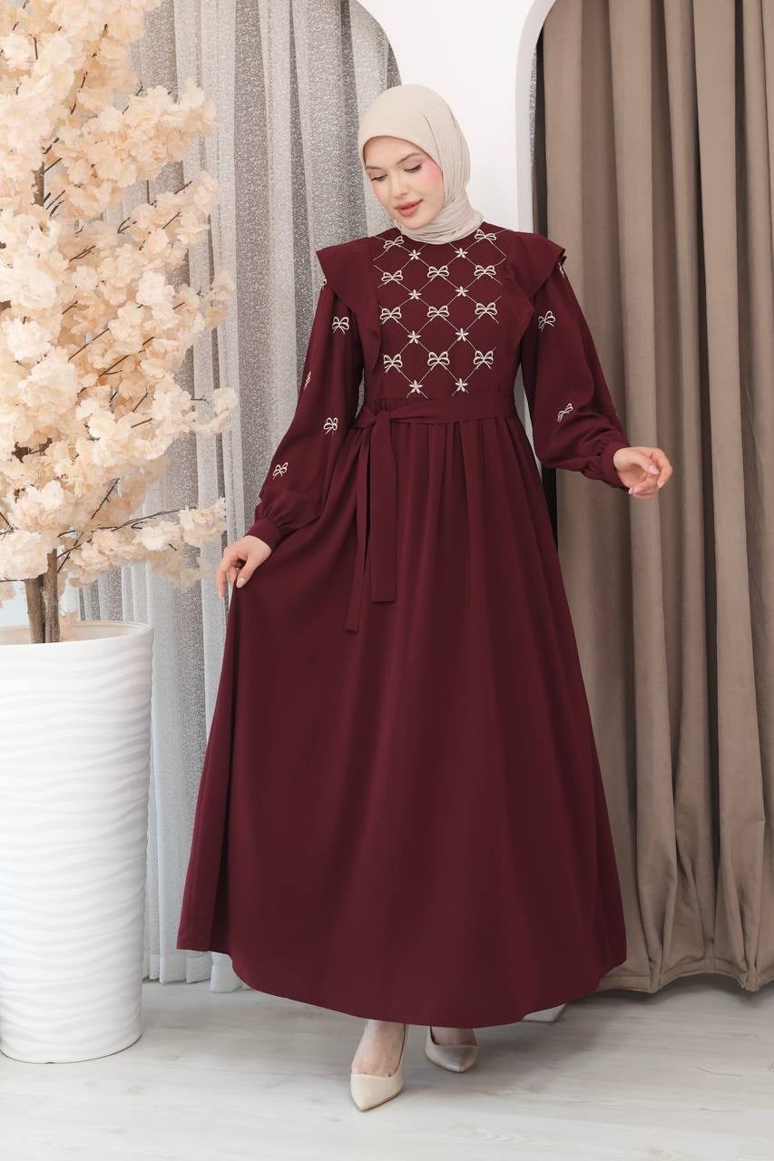7171 Fiyonk Nakışlı Elbise - Bordo 