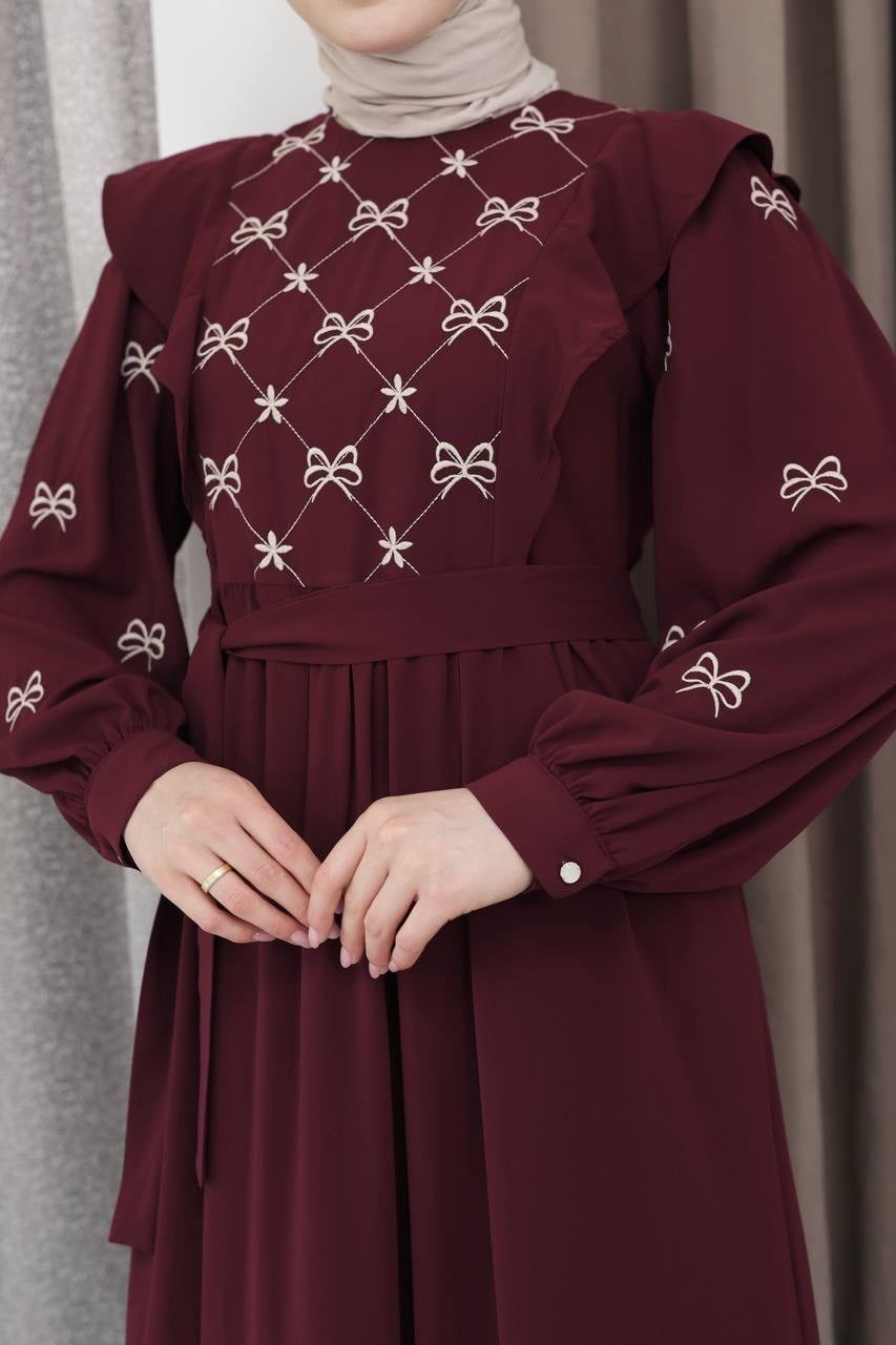 7171 Fiyonk Nakışlı Elbise - Bordo 