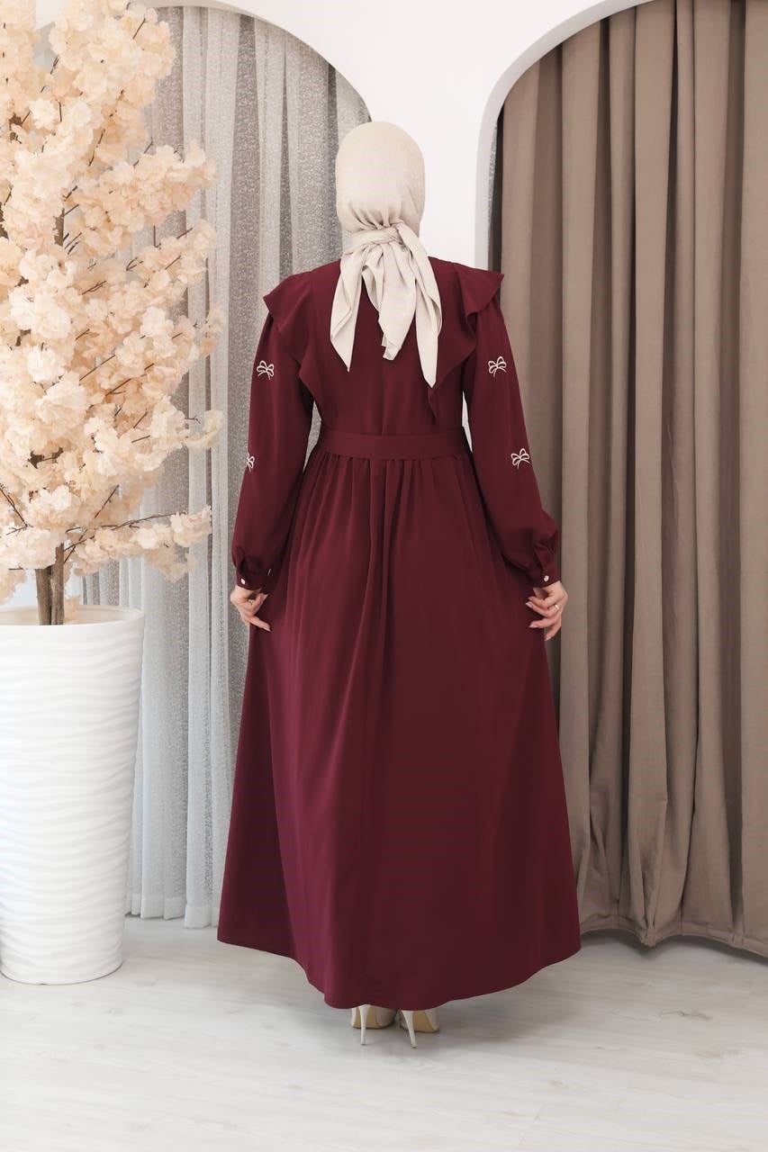 7171 Fiyonk Nakışlı Elbise - Bordo 