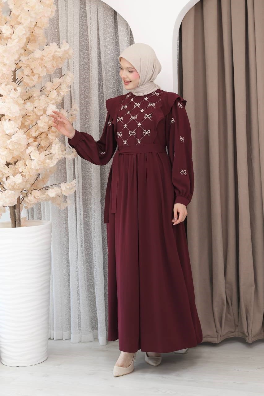 7171 Fiyonk Nakışlı Elbise - Bordo 