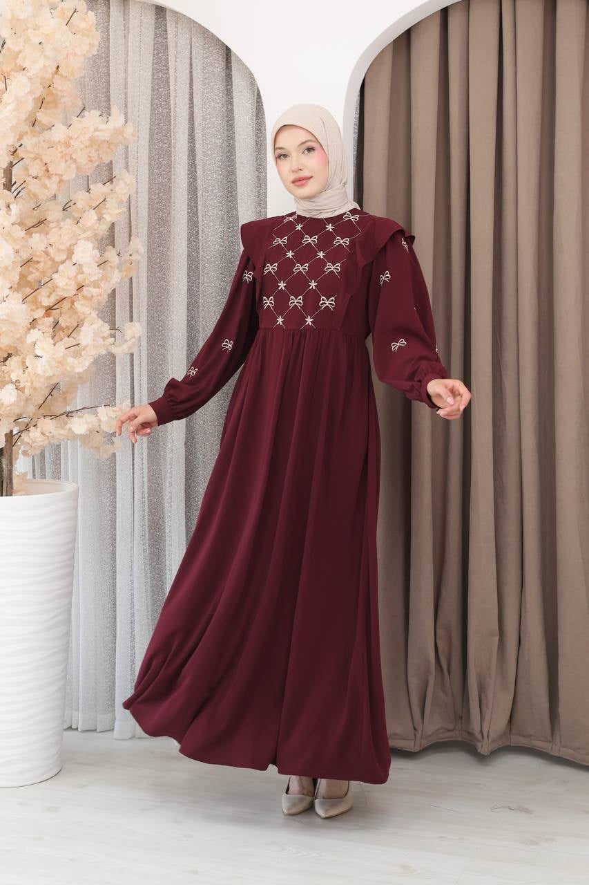 7171 Fiyonk Nakışlı Elbise - Bordo 